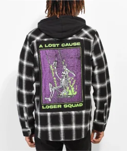 A Lost Cause Loser Squad Black & White Hooded Flannel Shirt