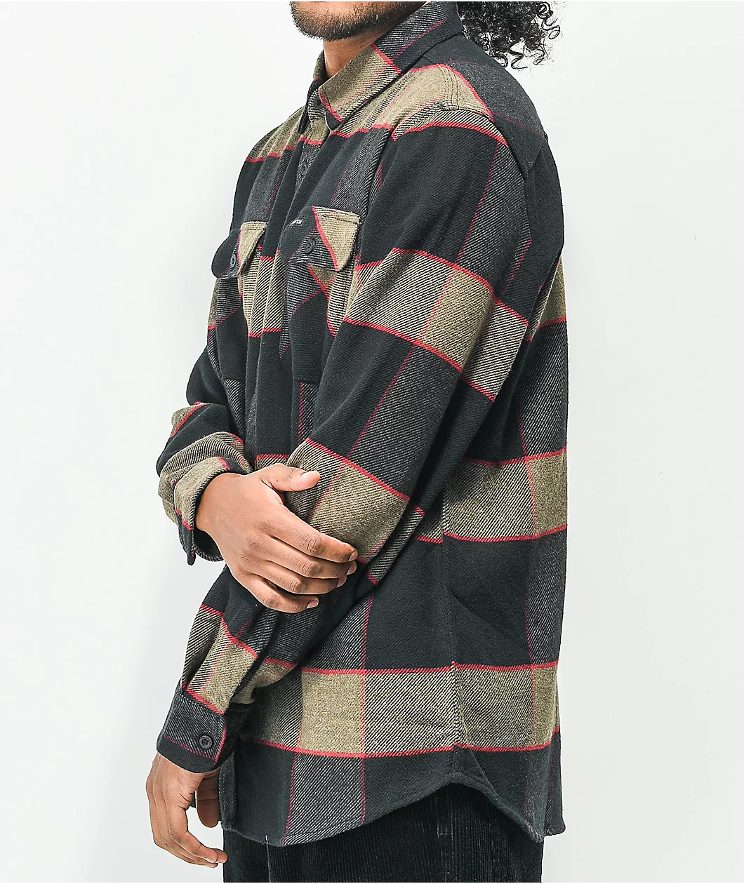 Brixton Bowery Brown, Grey, & Charcoal Plaid Flannel Shirt - Image 4