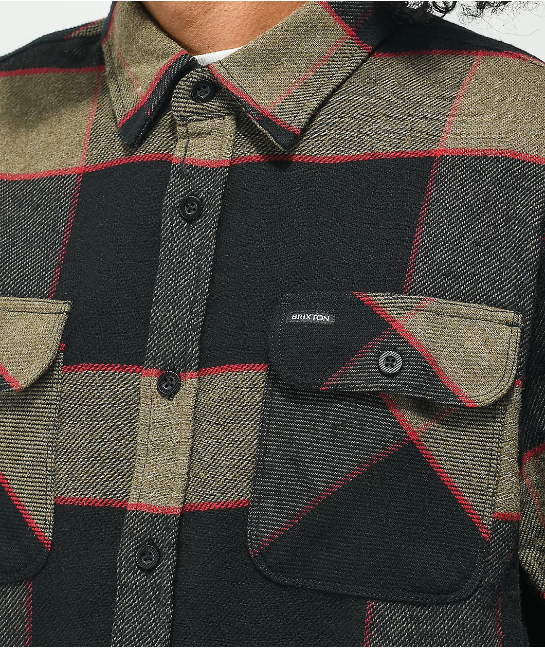 Brixton Bowery Brown, Grey, & Charcoal Plaid Flannel Shirt - Image 2