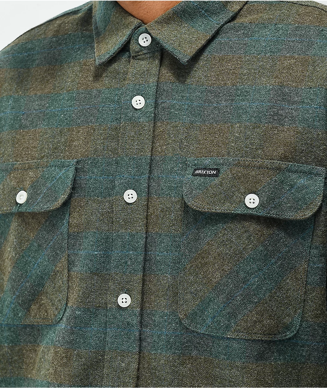Brixton Bowery Ocean Green Plaid Flannel Shirt - Image 3