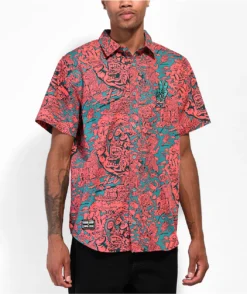 Killer Acid X Santa Cruz Peace Hand Pink Short Sleeve Button Up Shirt