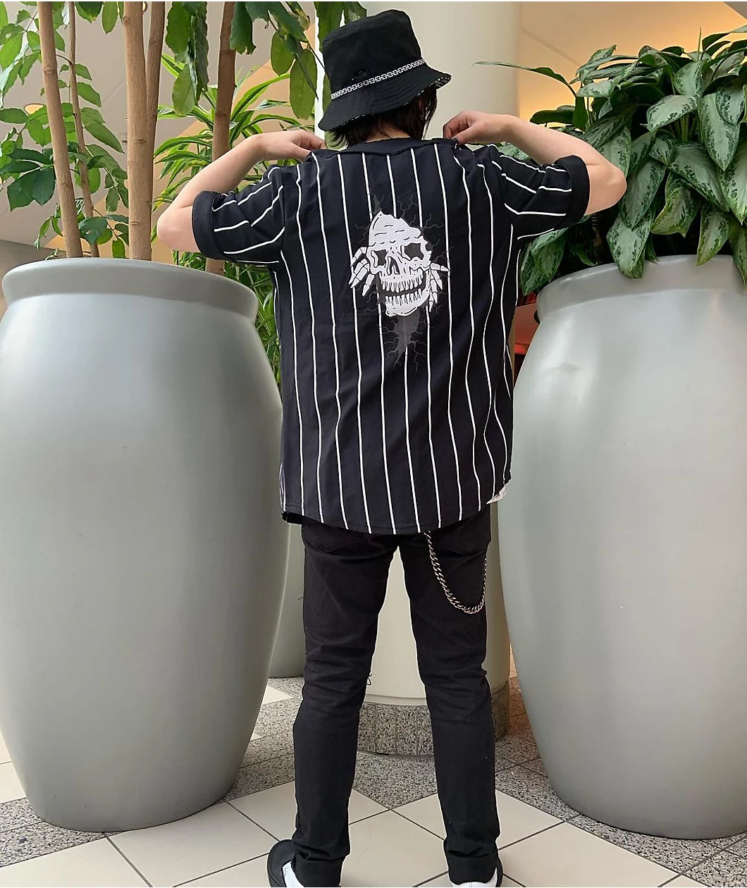 Lurking Class By Sketchy Tank Black & White Pinstripe Baseball Jersey - Image 4