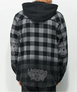 Lurking Class By Sketchy Tank Spiderweb Flannel Black & Grey Plaid Hooded Flannel