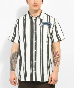 Monet Puppet White, Black, & Green Short Sleeve Button Up Shirt