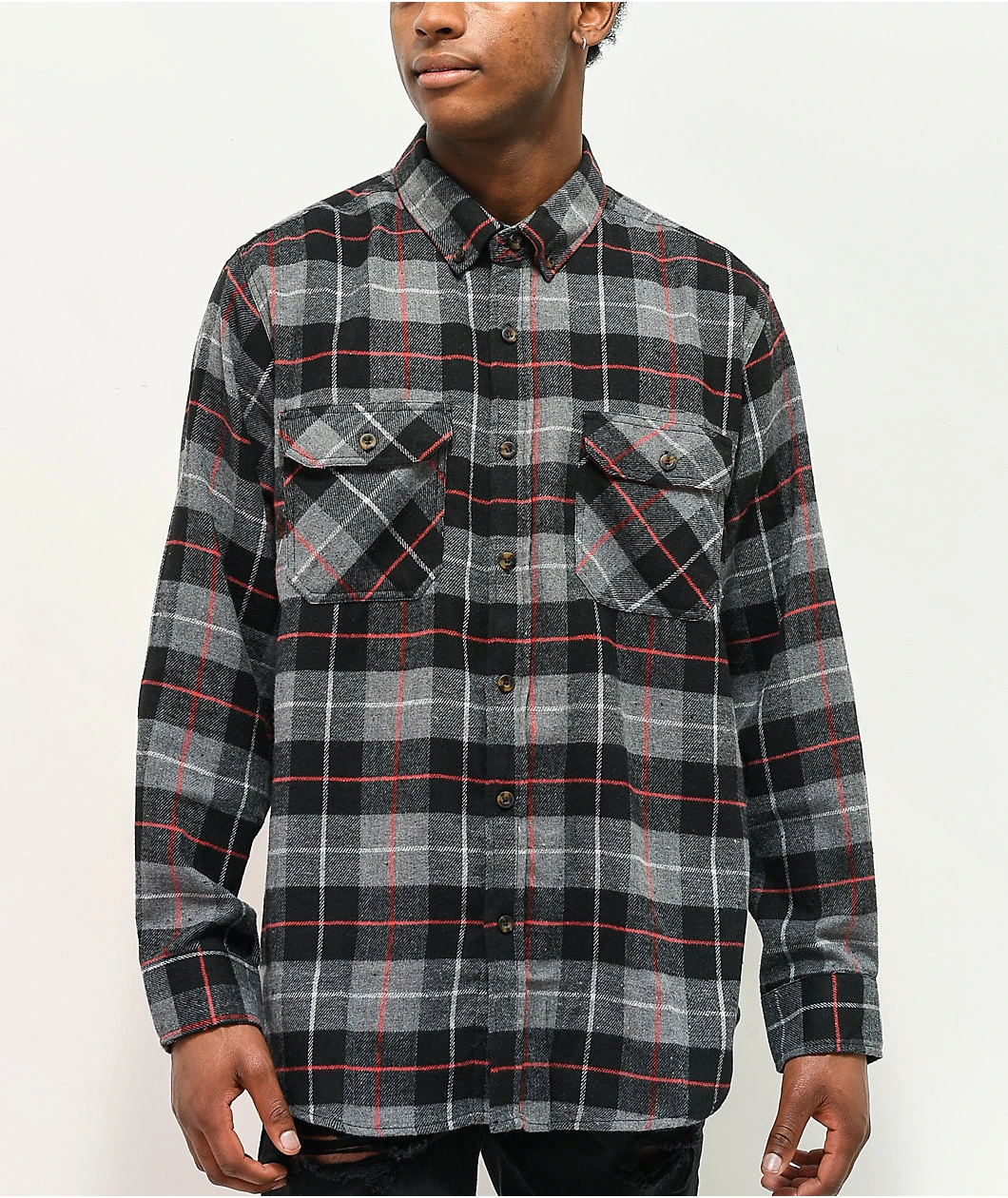 Montage Black, Grey & Red Plaid Flannel Shirt