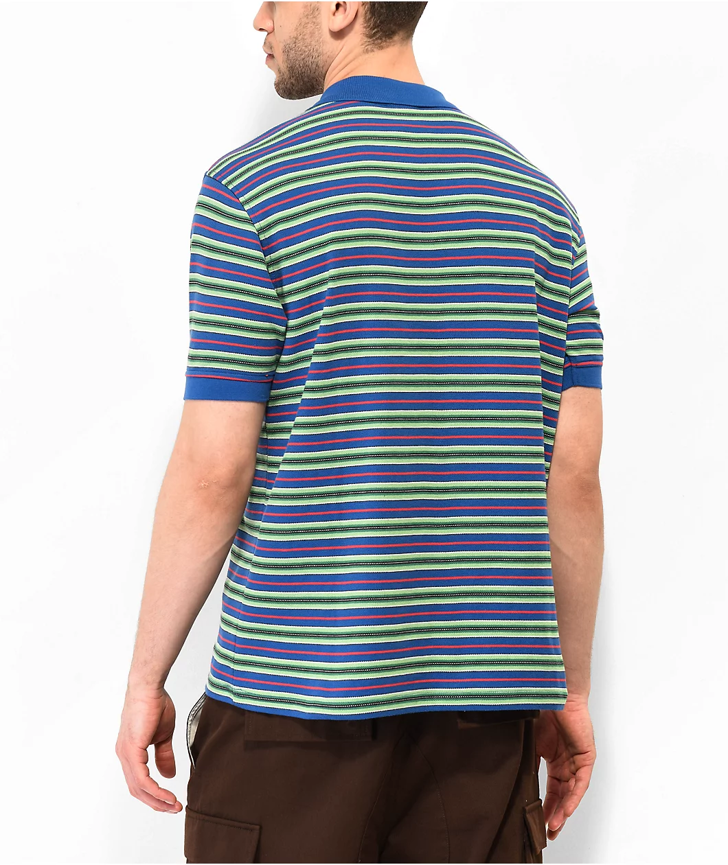 Worble Strikeout Blue, Red & Green Stripe Polo Shirt - Image 2